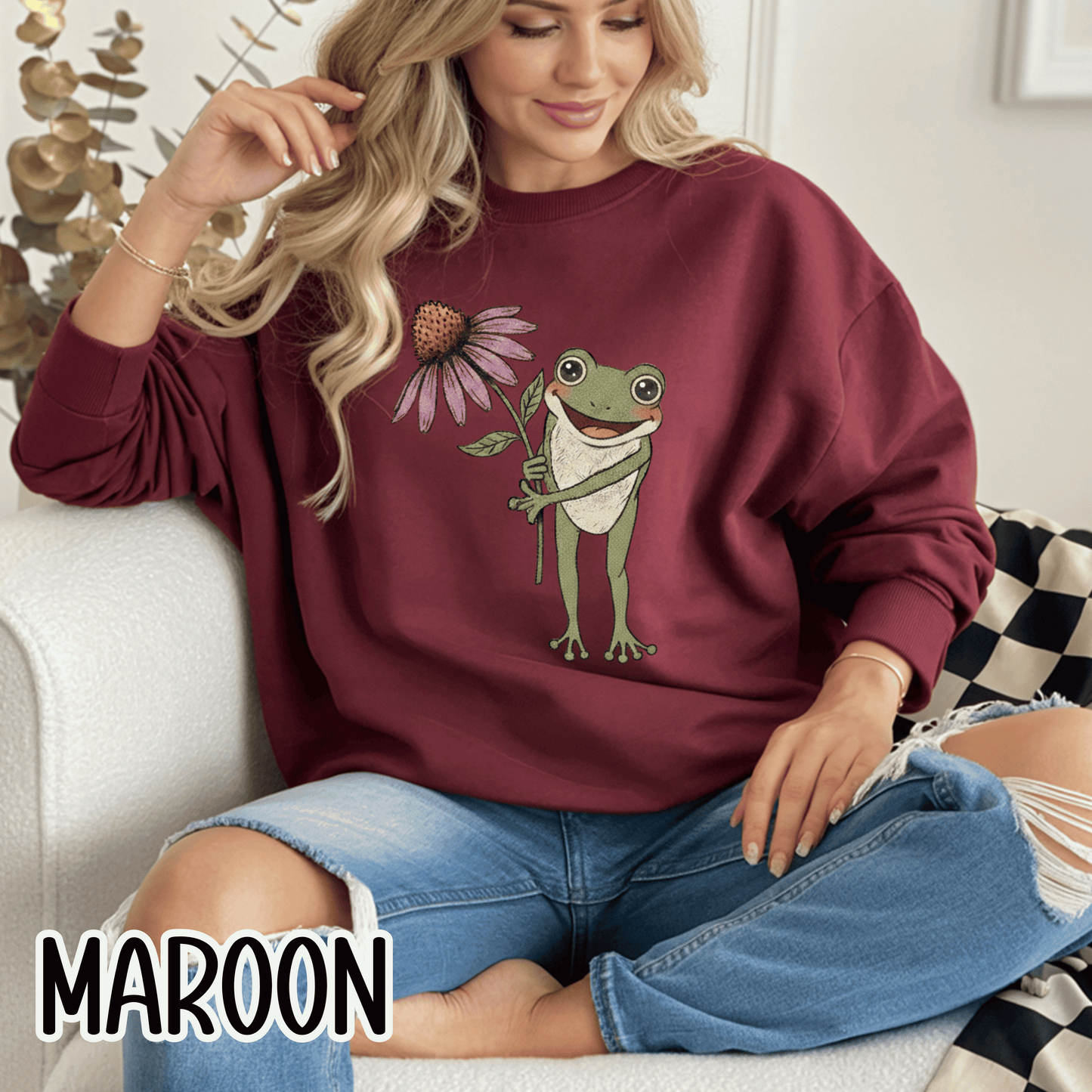 Spring Cottage Frog Sweatshirt • Whimsical Garden Wildflower Crewneck • Cottagecore Floral Pullover
