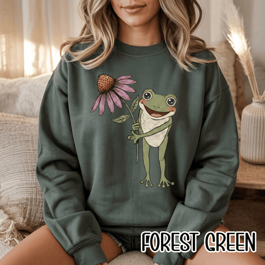 Spring Cottage Frog Sweatshirt • Whimsical Garden Wildflower Crewneck • Cottagecore Floral Pullover