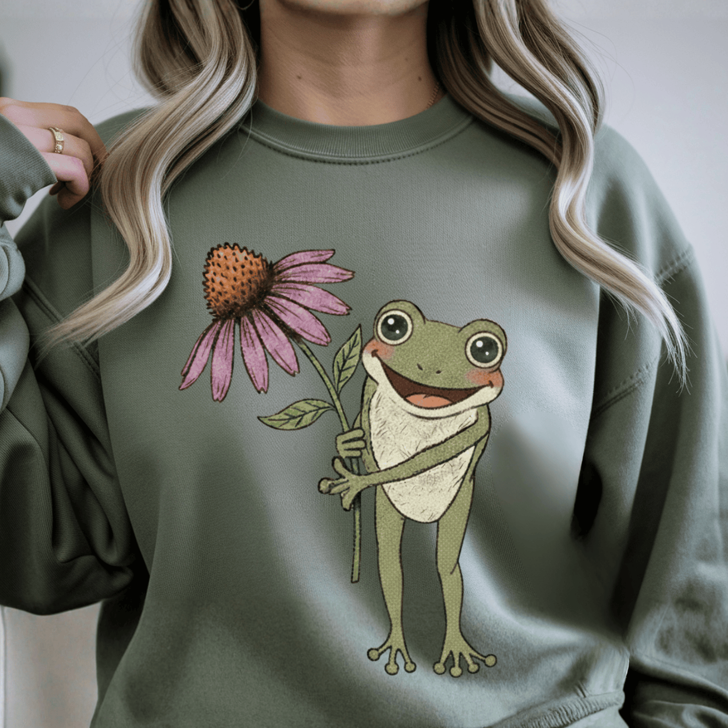 Spring Cottage Frog Sweatshirt • Whimsical Garden Wildflower Crewneck • Cottagecore Floral Pullover