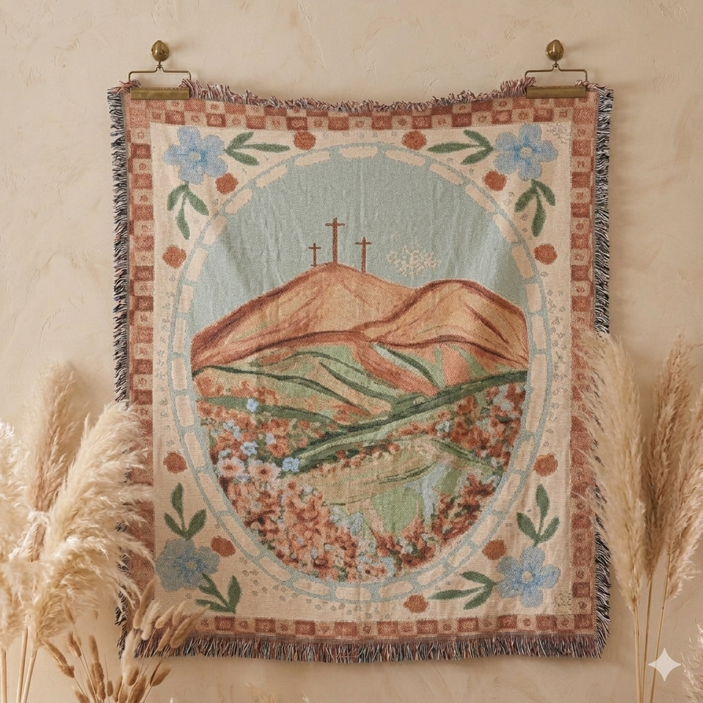 Spring Floral Cross Woven Blanket — Easter Landscape Cross & Floral Throw