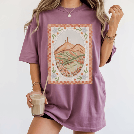 Easter Landscape Graphic Tee (Front Only) • Christian Mountain Cross T-Shirt • Cottagecore Wildflower Faith Shirt