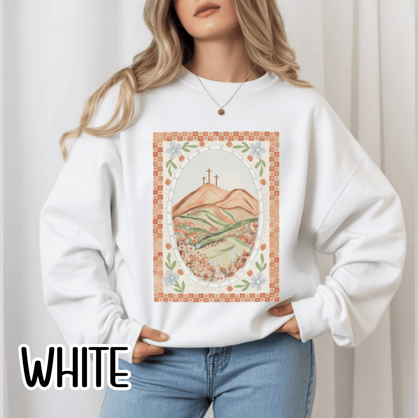 Easter Landscape Faith Sweatshirt (Front Only) • Christian Mountain Cross Crewneck • Floral Resurrection Scene Graphic
