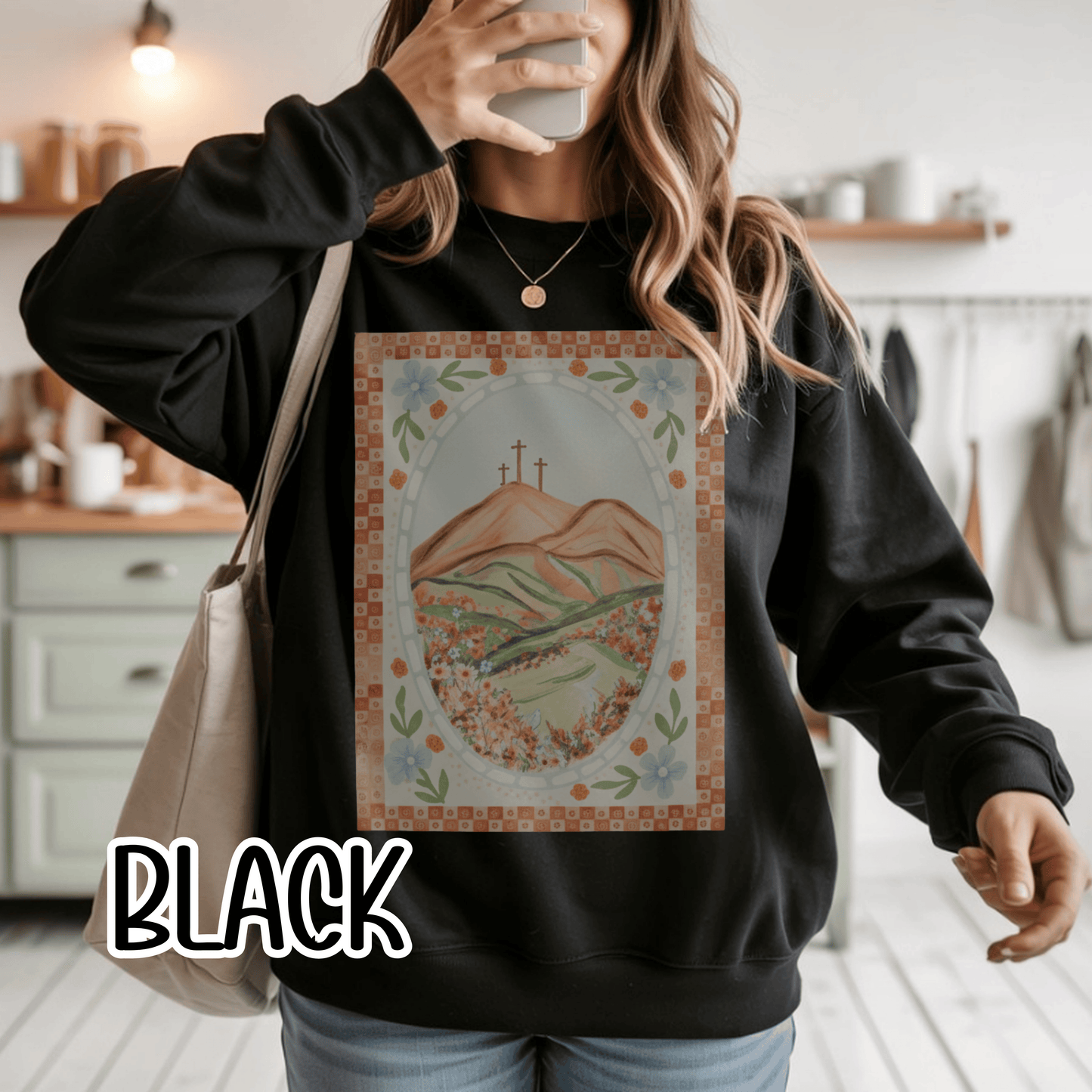 Easter Landscape Faith Sweatshirt (Front Only) • Christian Mountain Cross Crewneck • Floral Resurrection Scene Graphic