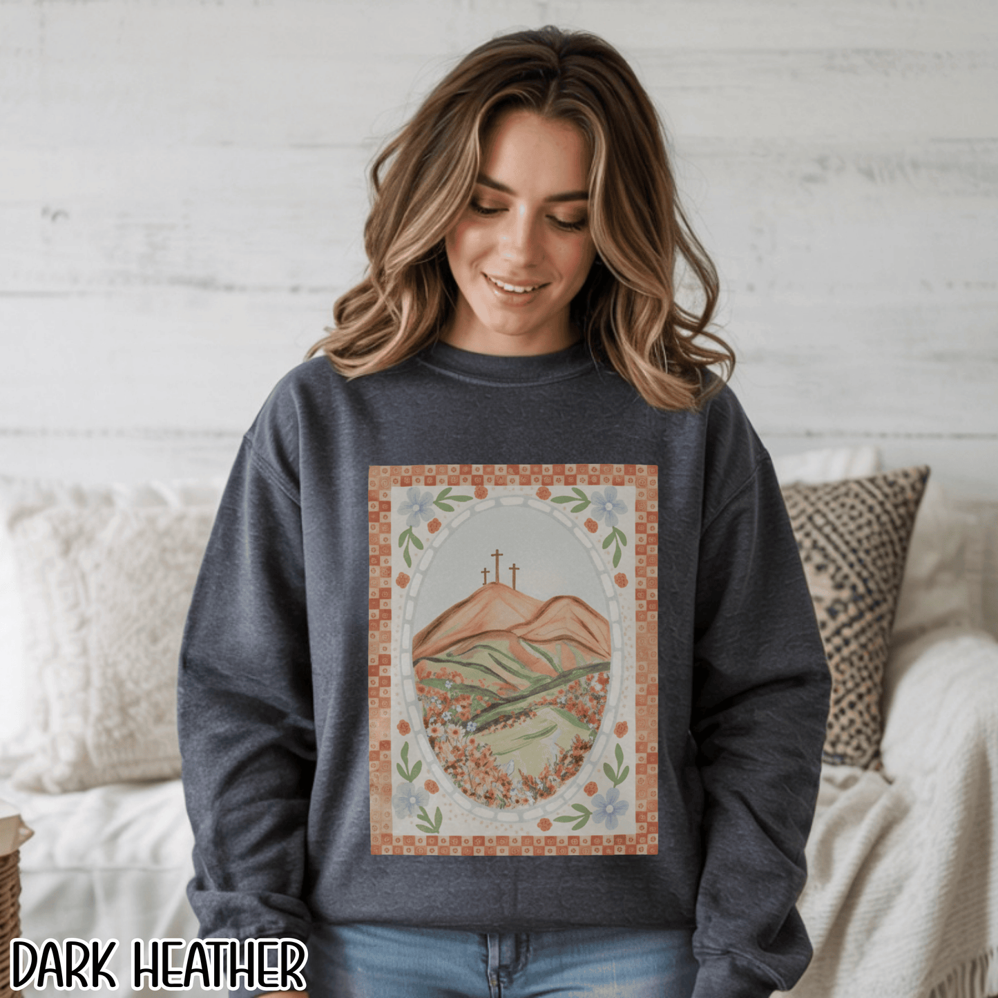 Easter Landscape Faith Sweatshirt (Front Only) • Christian Mountain Cross Crewneck • Floral Resurrection Scene Graphic