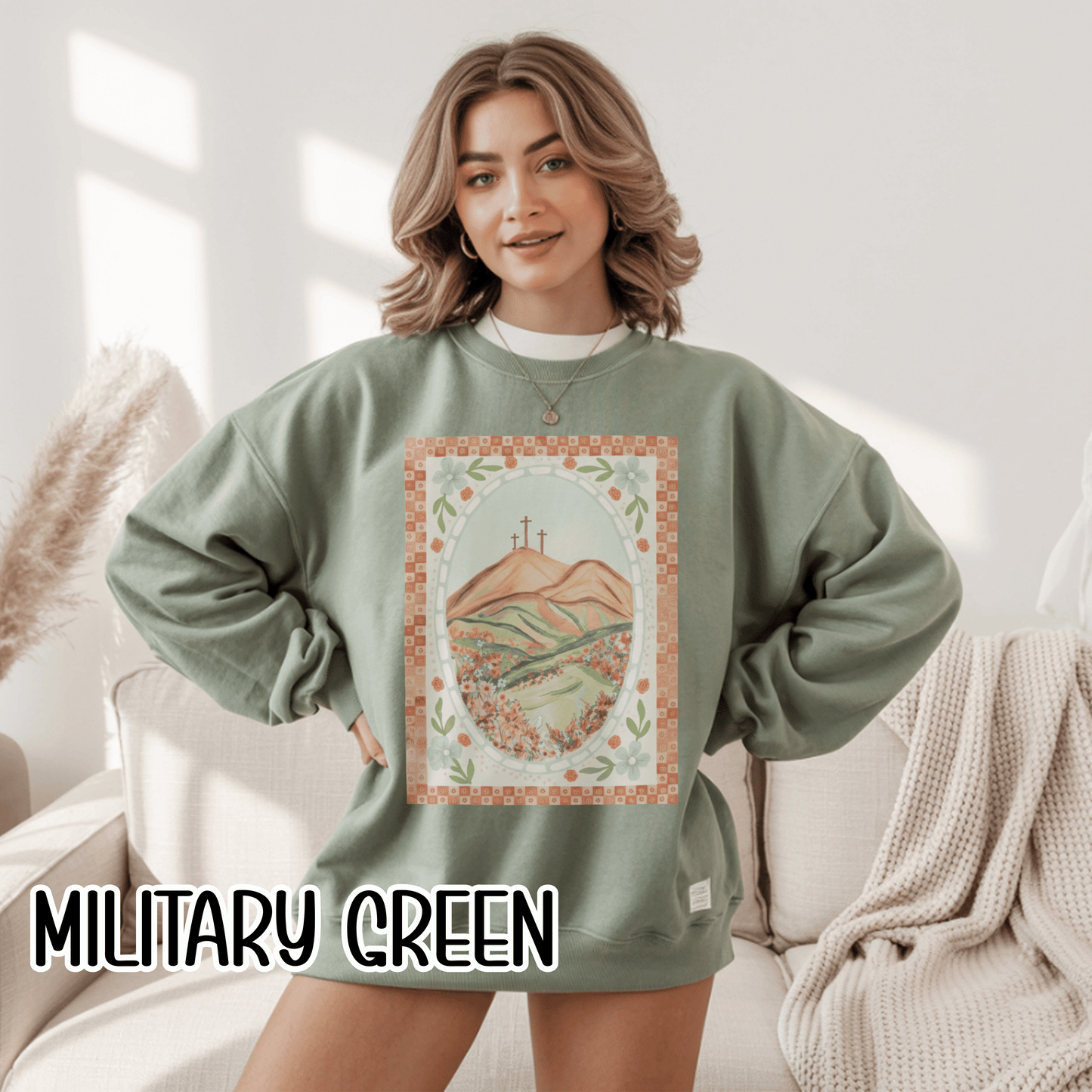 Easter Landscape Faith Sweatshirt (Front Only) • Christian Mountain Cross Crewneck • Floral Resurrection Scene Graphic