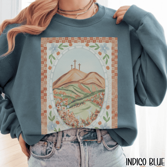 Easter Landscape Faith Sweatshirt (Front Only) • Christian Mountain Cross Crewneck • Floral Resurrection Scene Graphic