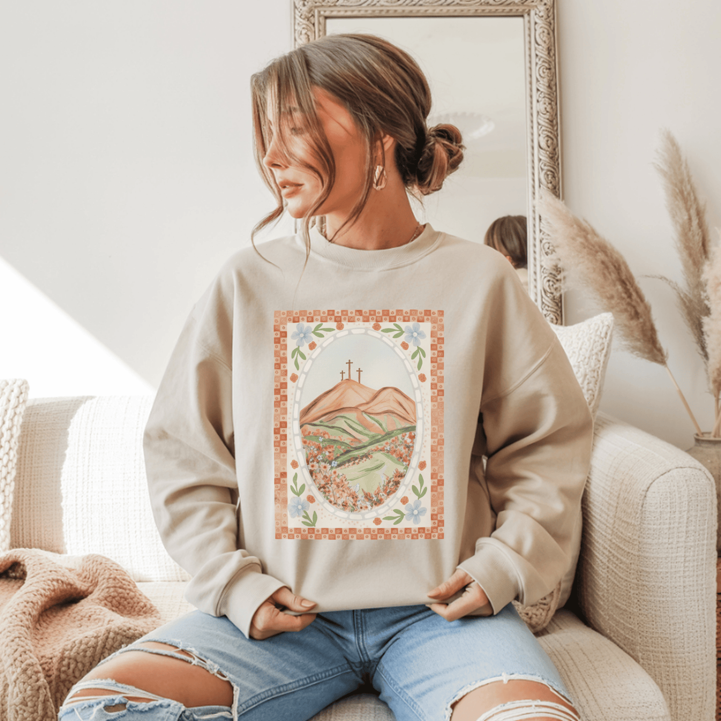 Easter Landscape Faith Sweatshirt (Front Only) • Christian Mountain Cross Crewneck • Floral Resurrection Scene Graphic