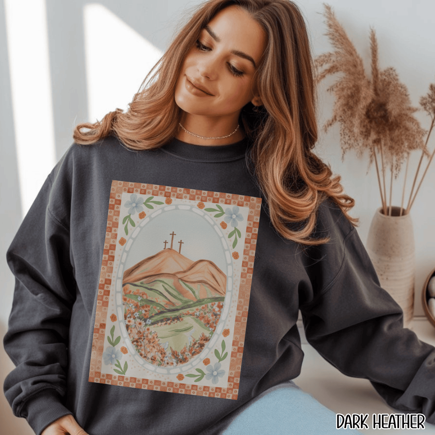 Easter Landscape Faith Sweatshirt (Front Only) • Christian Mountain Cross Crewneck • Floral Resurrection Scene Graphic