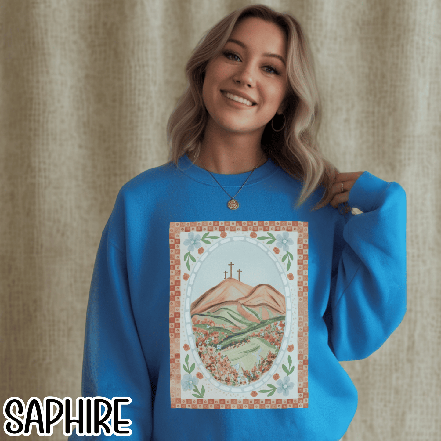 Easter Landscape Faith Sweatshirt (Front Only) • Christian Mountain Cross Crewneck • Floral Resurrection Scene Graphic