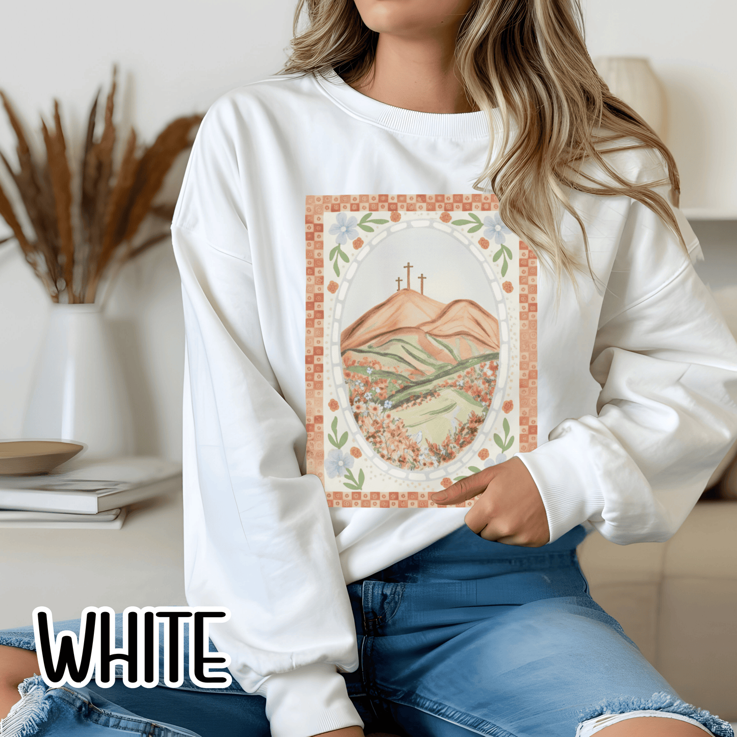 Easter Landscape Faith Sweatshirt (Front Only) • Christian Mountain Cross Crewneck • Floral Resurrection Scene Graphic