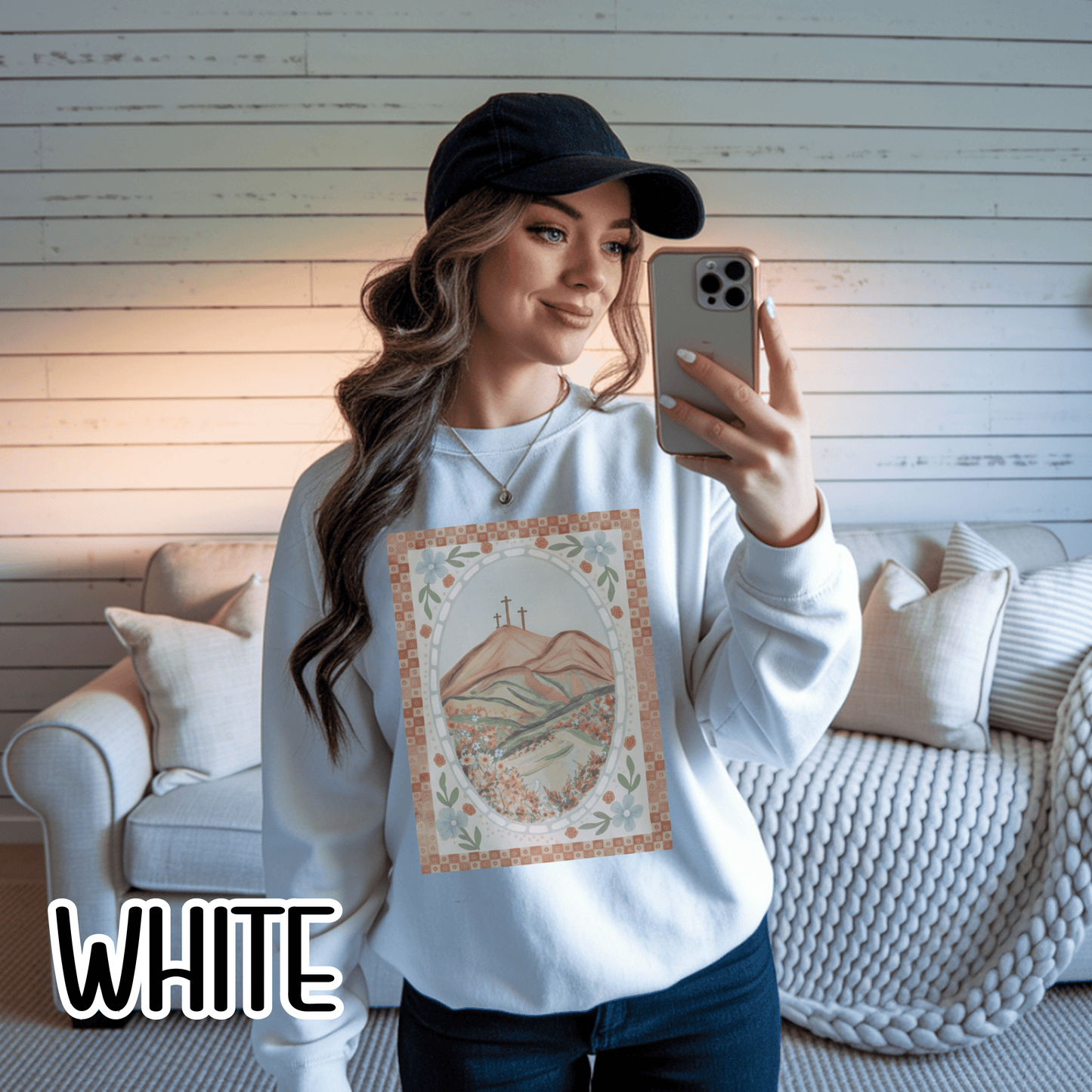 Easter Landscape Faith Sweatshirt (Front Only) • Christian Mountain Cross Crewneck • Floral Resurrection Scene Graphic