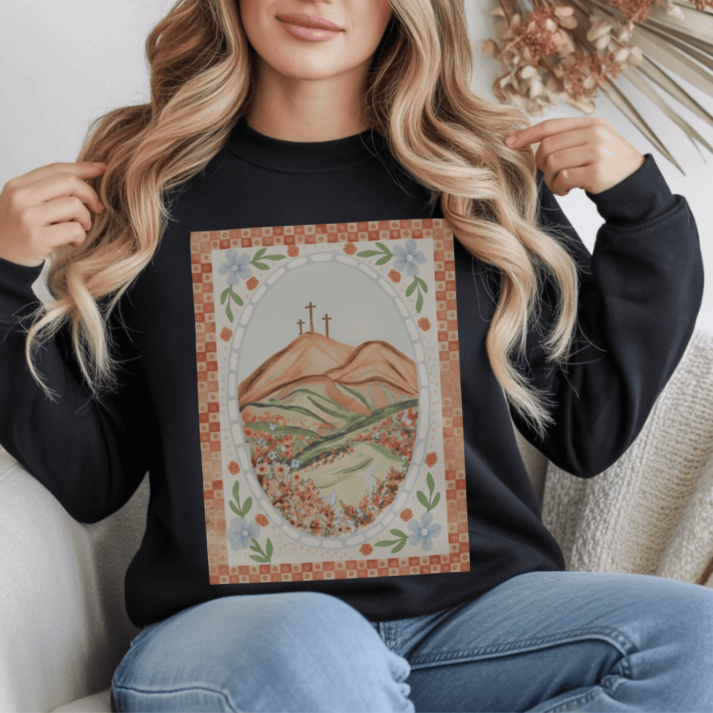 Easter Landscape Faith Sweatshirt (Front Only) • Christian Mountain Cross Crewneck • Floral Resurrection Scene Graphic