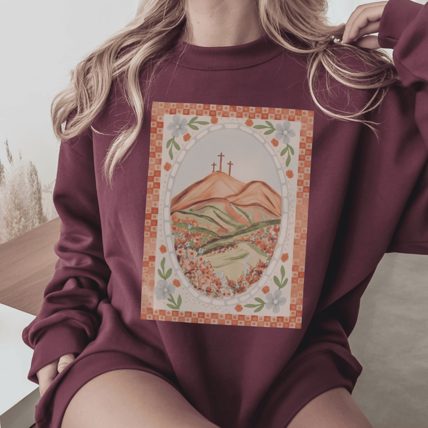 Easter Landscape Faith Sweatshirt (Front Only) • Christian Mountain Cross Crewneck • Floral Resurrection Scene Graphic