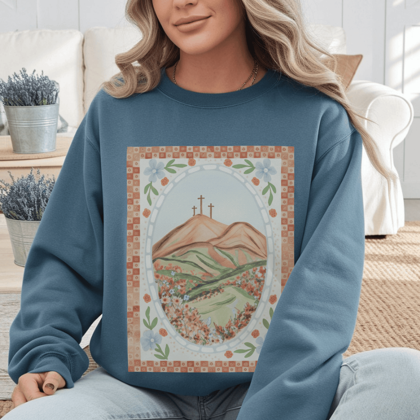 Easter Landscape Faith Sweatshirt (Front Only) • Christian Mountain Cross Crewneck • Floral Resurrection Scene Graphic