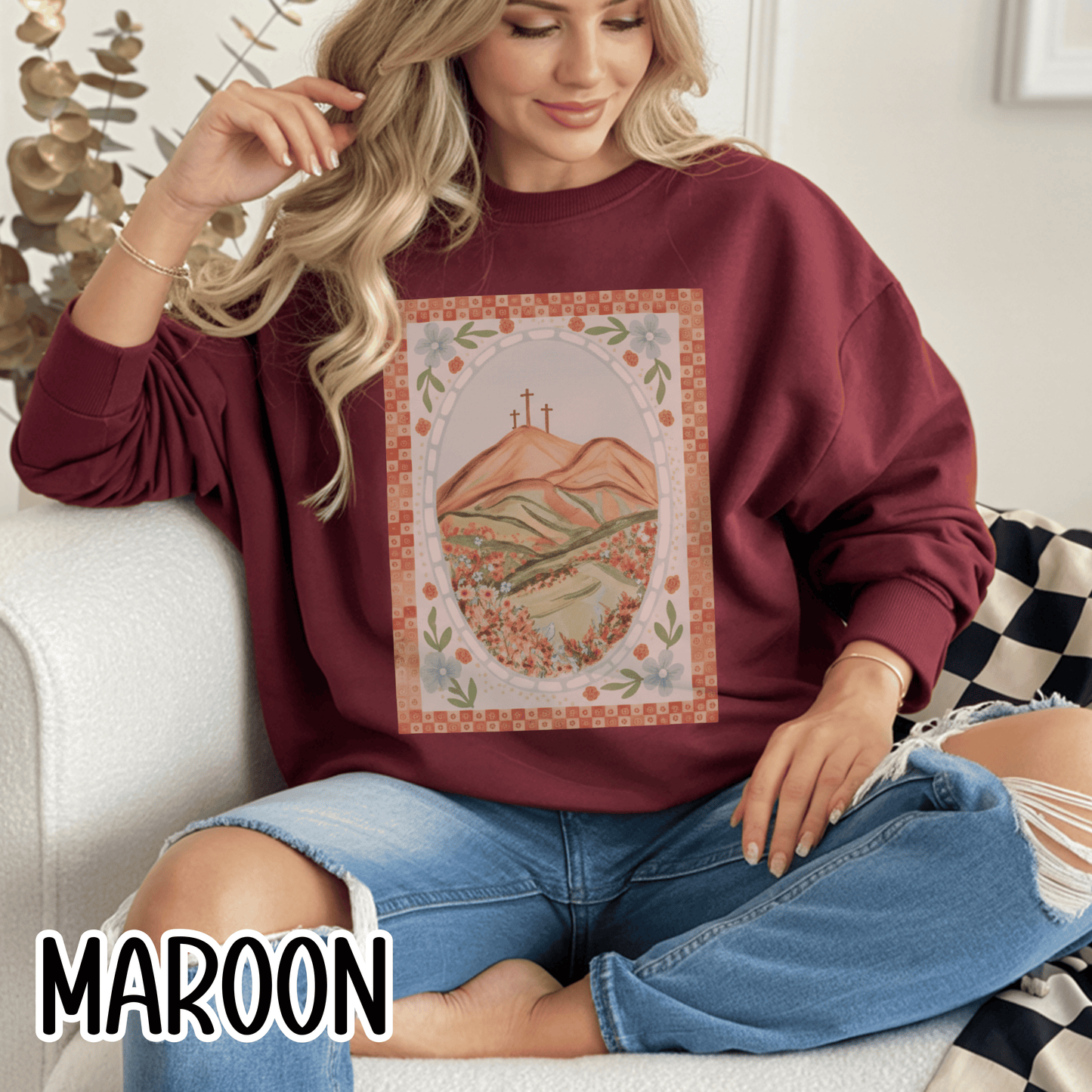 Easter Landscape Faith Sweatshirt (Front Only) • Christian Mountain Cross Crewneck • Floral Resurrection Scene Graphic