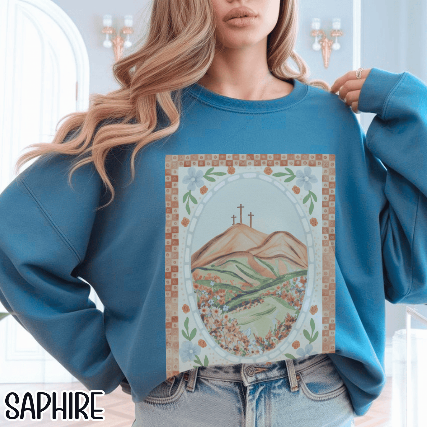 Easter Landscape Faith Sweatshirt (Front Only) • Christian Mountain Cross Crewneck • Floral Resurrection Scene Graphic