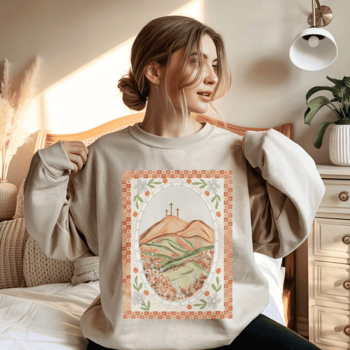 Easter Landscape Faith Sweatshirt (Front Only) • Christian Mountain Cross Crewneck • Floral Resurrection Scene Graphic