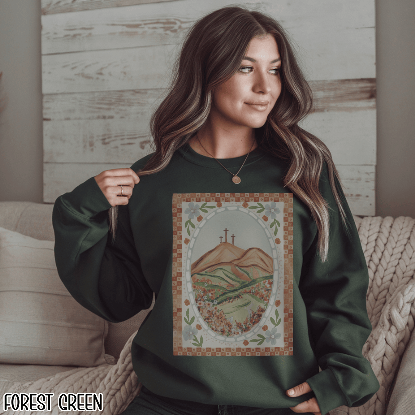 Easter Landscape Faith Sweatshirt (Front Only) • Christian Mountain Cross Crewneck • Floral Resurrection Scene Graphic