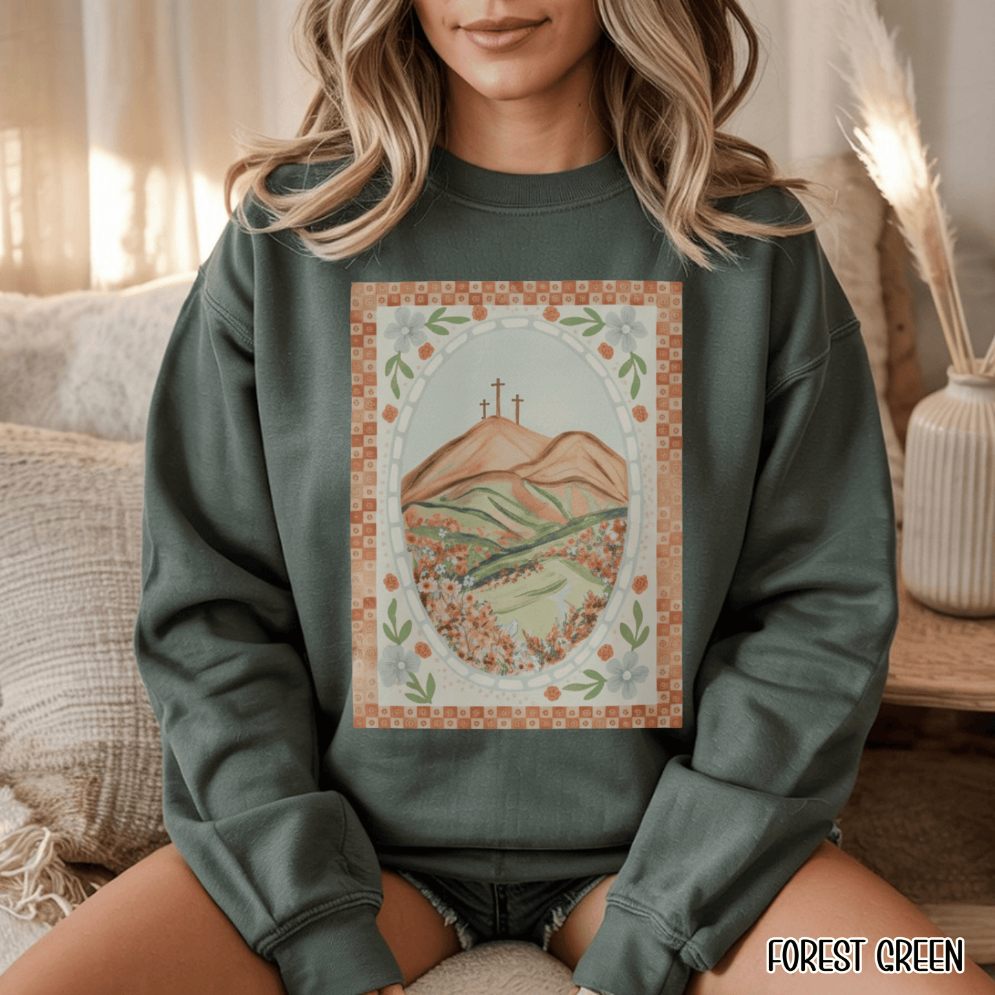 Easter Landscape Faith Sweatshirt (Front Only) • Christian Mountain Cross Crewneck • Floral Resurrection Scene Graphic