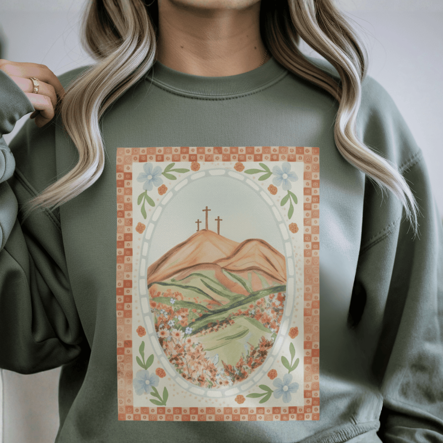 Easter Landscape Faith Sweatshirt (Front Only) • Christian Mountain Cross Crewneck • Floral Resurrection Scene Graphic