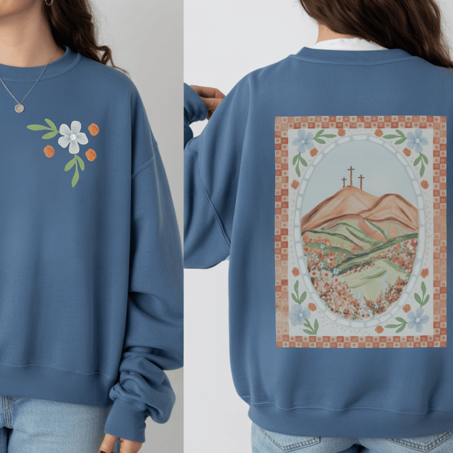 Easter Landscape Faith Sweatshirt (Front & Back) • Christian Mountain Cross Crewneck • Floral Resurrection Scene Graphic