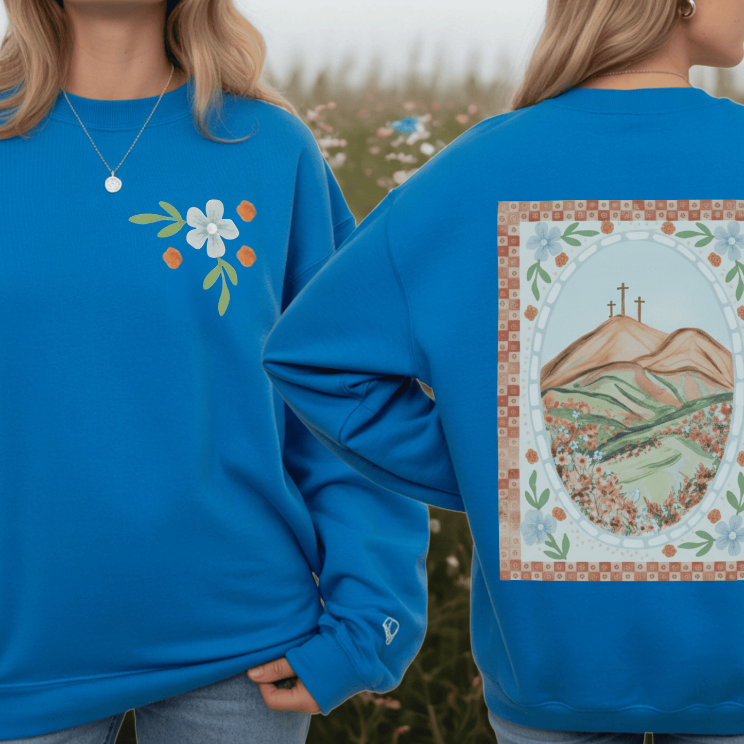Easter Landscape Faith Sweatshirt (Front & Back) • Christian Mountain Cross Crewneck • Floral Resurrection Scene Graphic