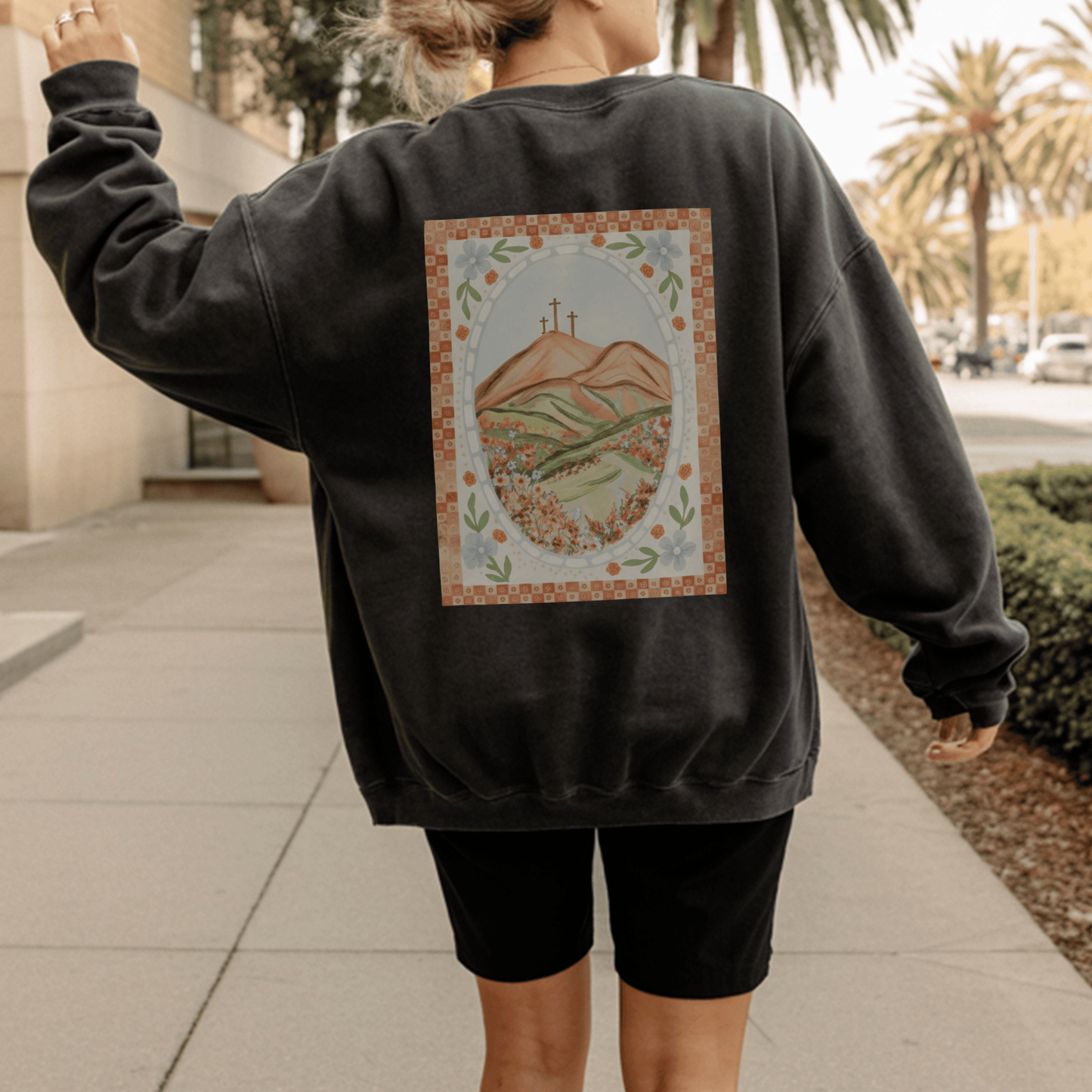 Easter Landscape Faith Sweatshirt (Front & Back) • Christian Mountain Cross Crewneck • Floral Resurrection Scene Graphic
