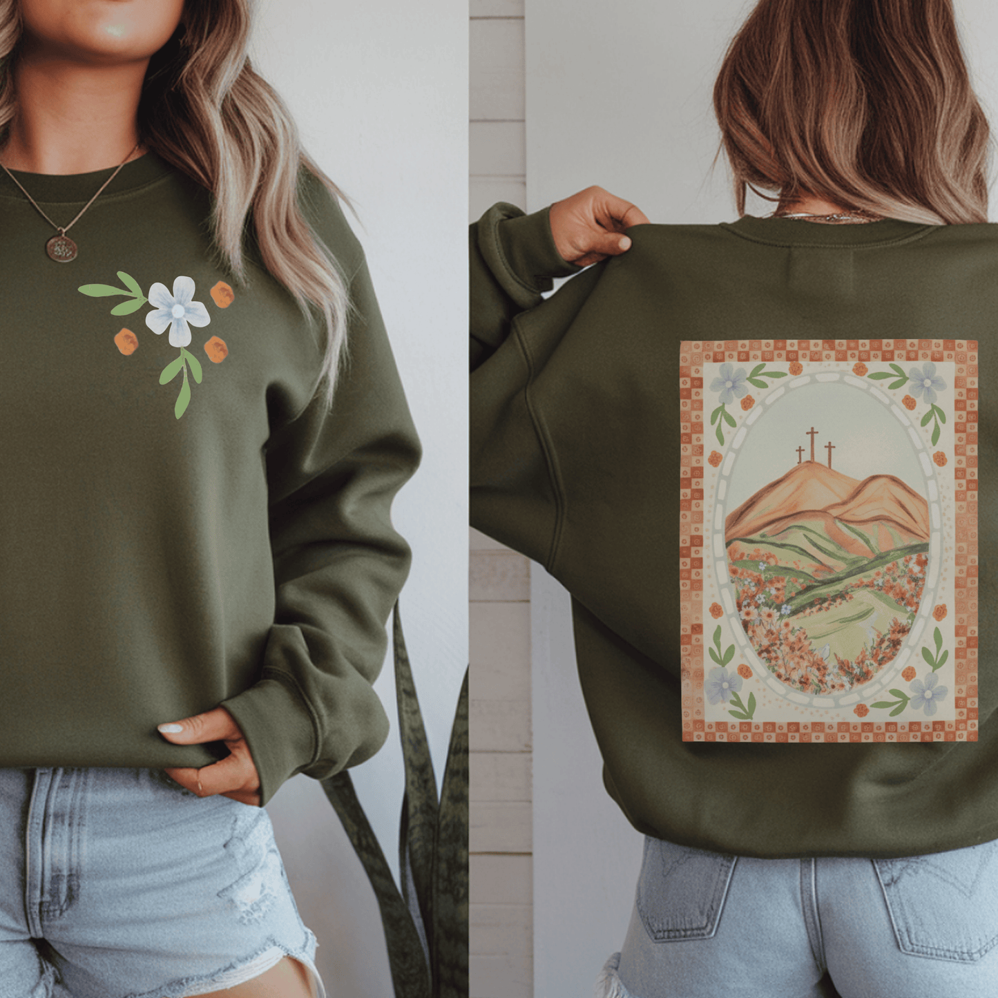 Easter Landscape Faith Sweatshirt (Front & Back) • Christian Mountain Cross Crewneck • Floral Resurrection Scene Graphic