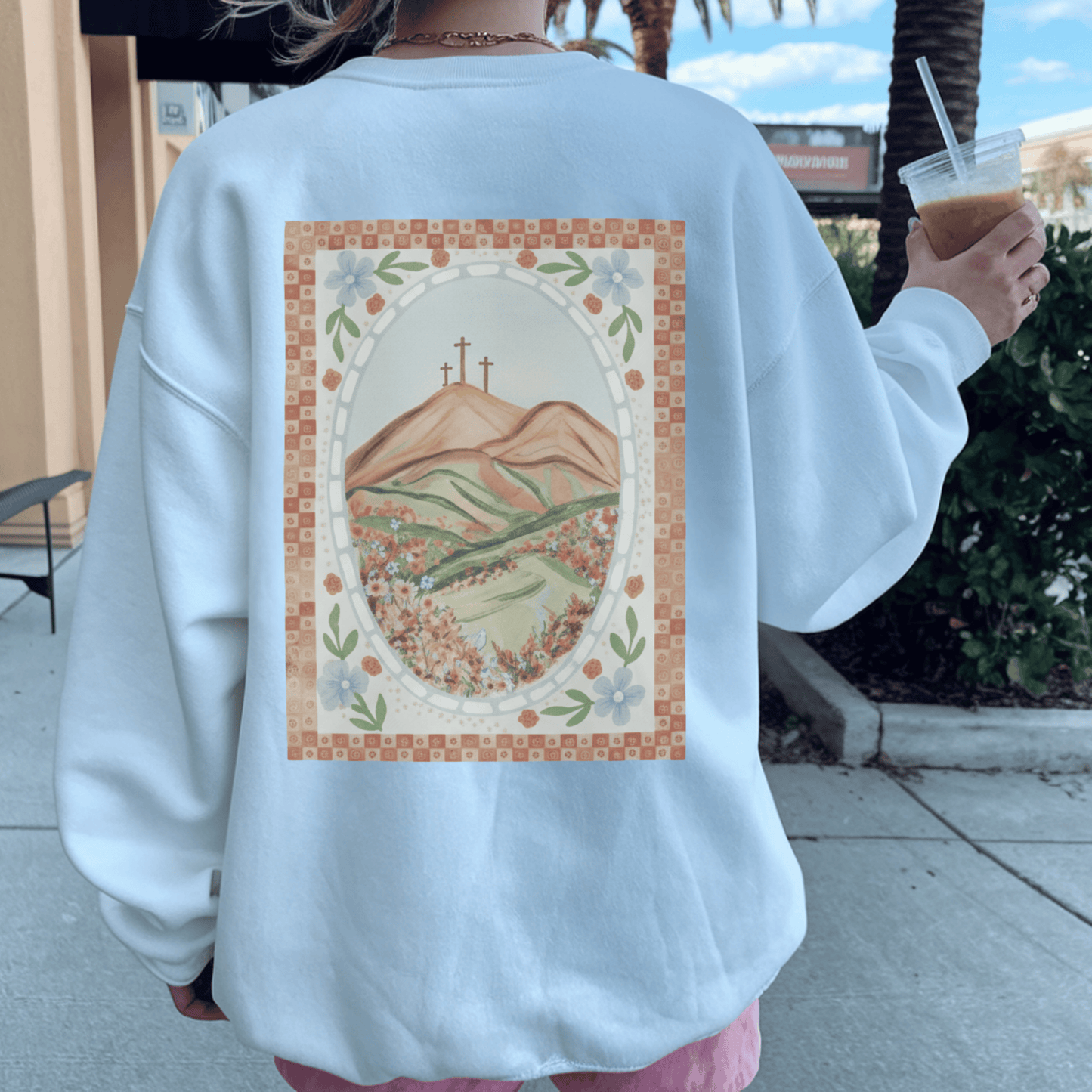 Easter Landscape Faith Sweatshirt (Front & Back) • Christian Mountain Cross Crewneck • Floral Resurrection Scene Graphic