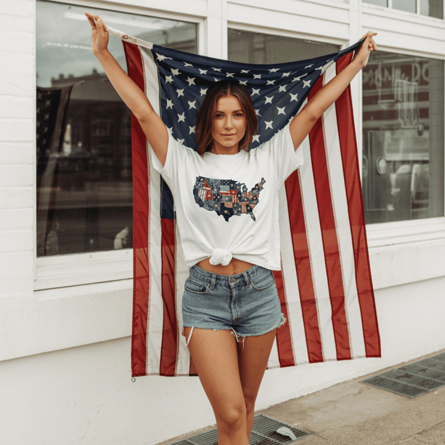 Denim American Flag T-Shirt • USA Patchwork Map Tee • Patriotic Vintage Stars Graphic Shirt
