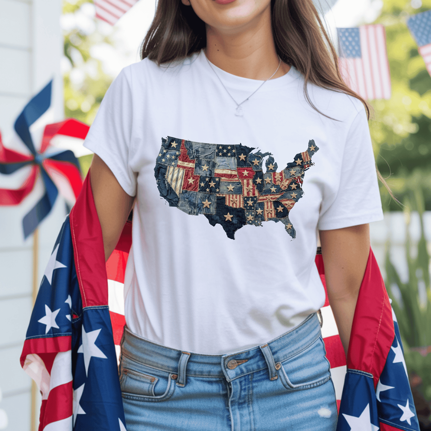 Denim American Flag T-Shirt • USA Patchwork Map Tee • Patriotic Vintage Stars Graphic Shirt
