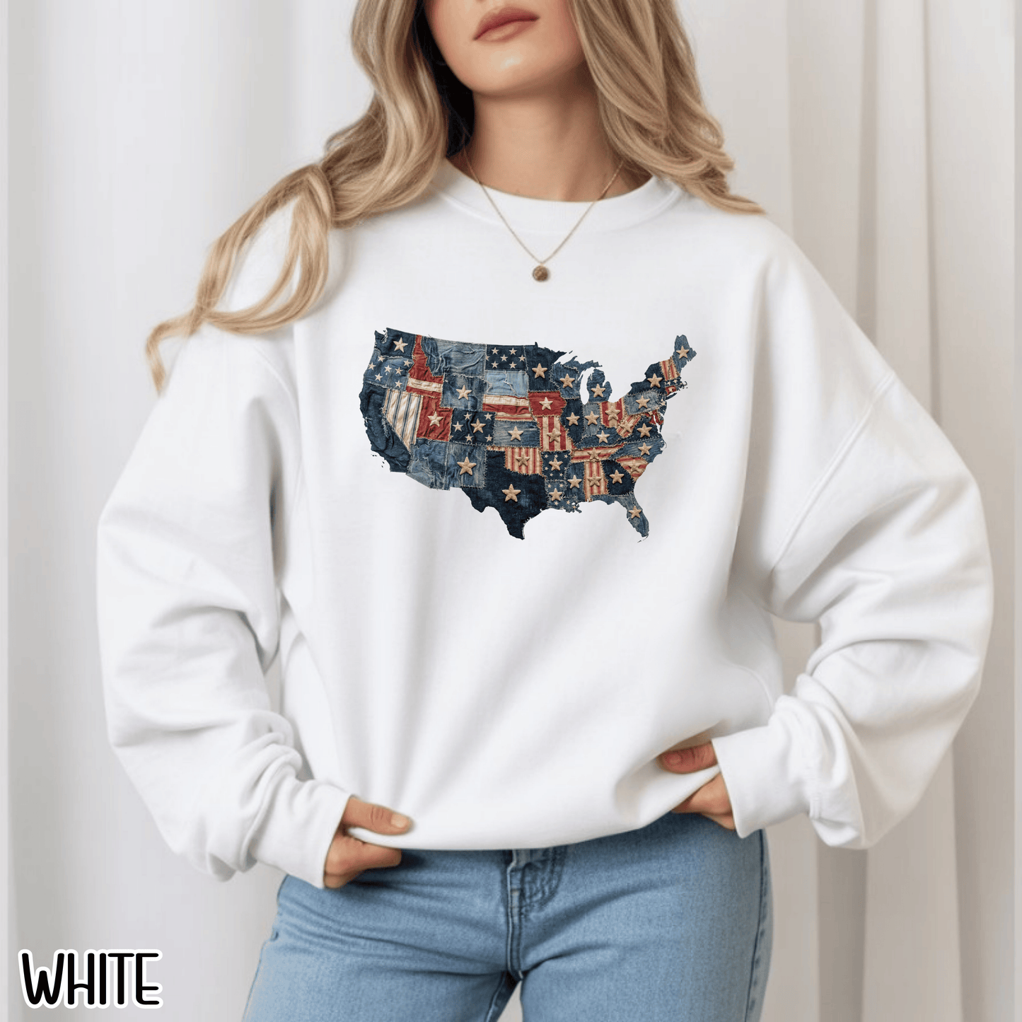 Patchwork American Flag Sweatshirt • USA Denim Map Crewneck • Patriotic Vintage Stars Graphic