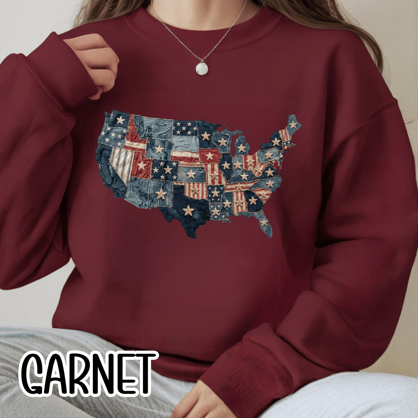 Patchwork American Flag Sweatshirt • USA Denim Map Crewneck • Patriotic Vintage Stars Graphic