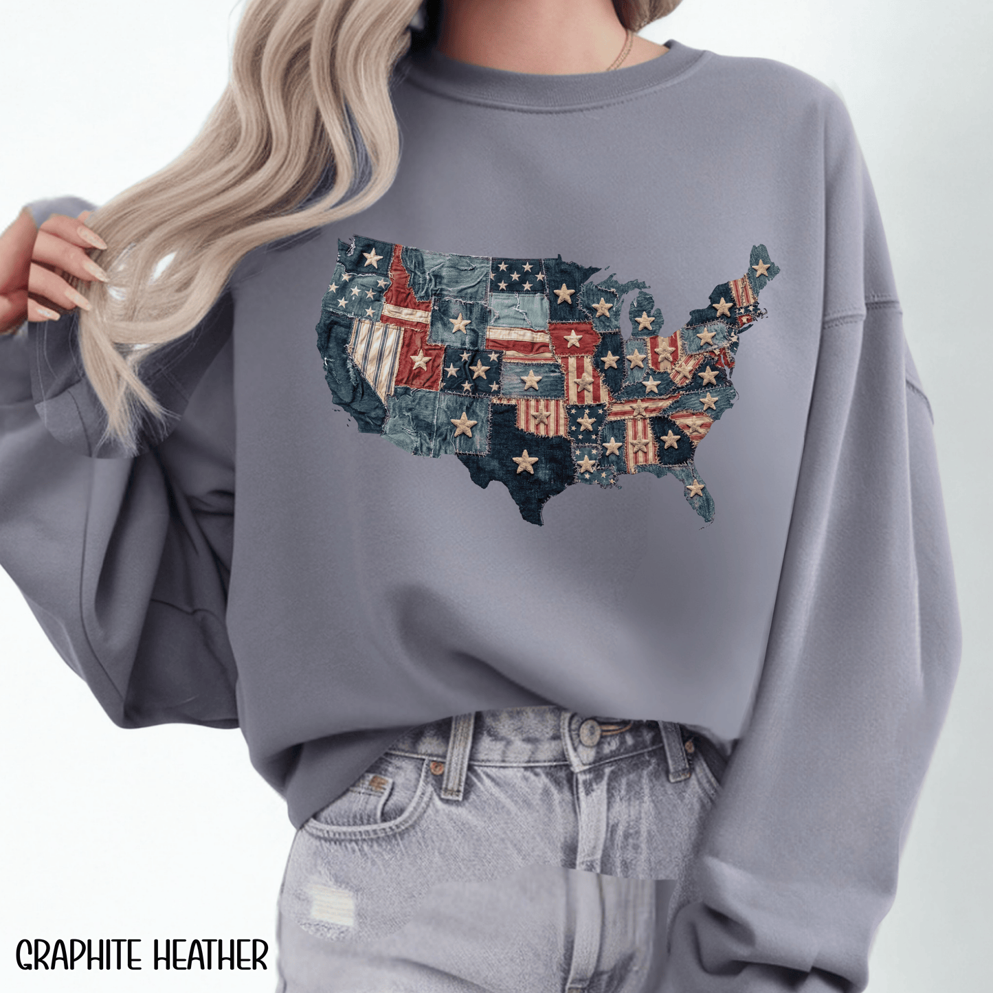 Patchwork American Flag Sweatshirt • USA Denim Map Crewneck • Patriotic Vintage Stars Graphic