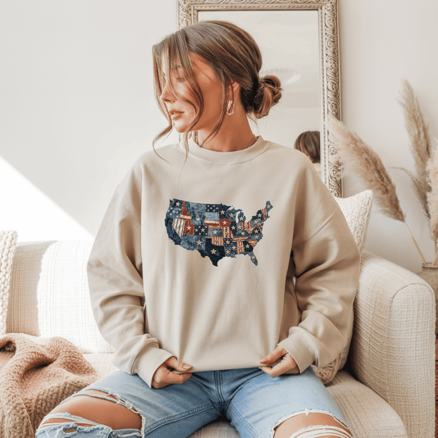 Patchwork American Flag Sweatshirt • USA Denim Map Crewneck • Patriotic Vintage Stars Graphic