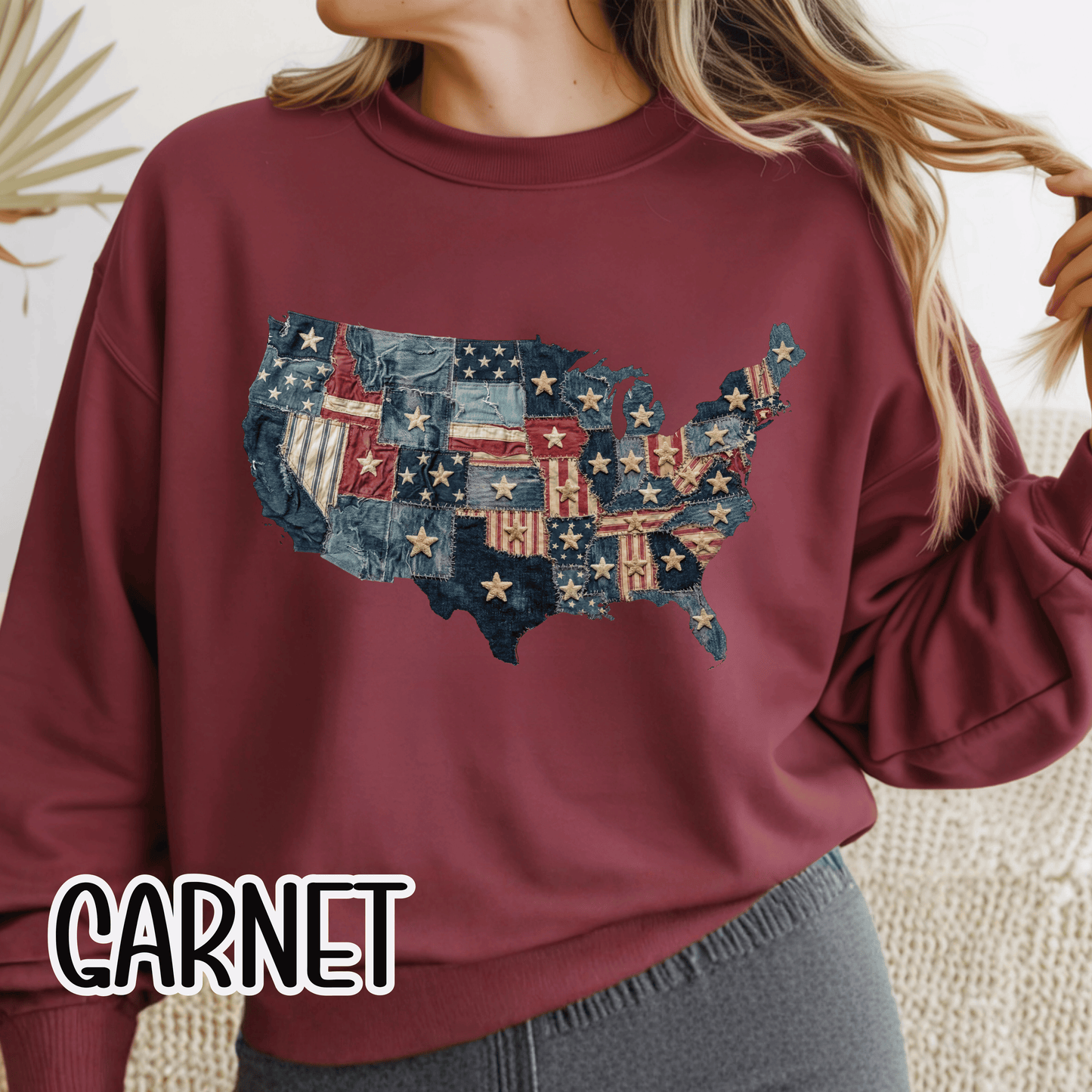 Patchwork American Flag Sweatshirt • USA Denim Map Crewneck • Patriotic Vintage Stars Graphic
