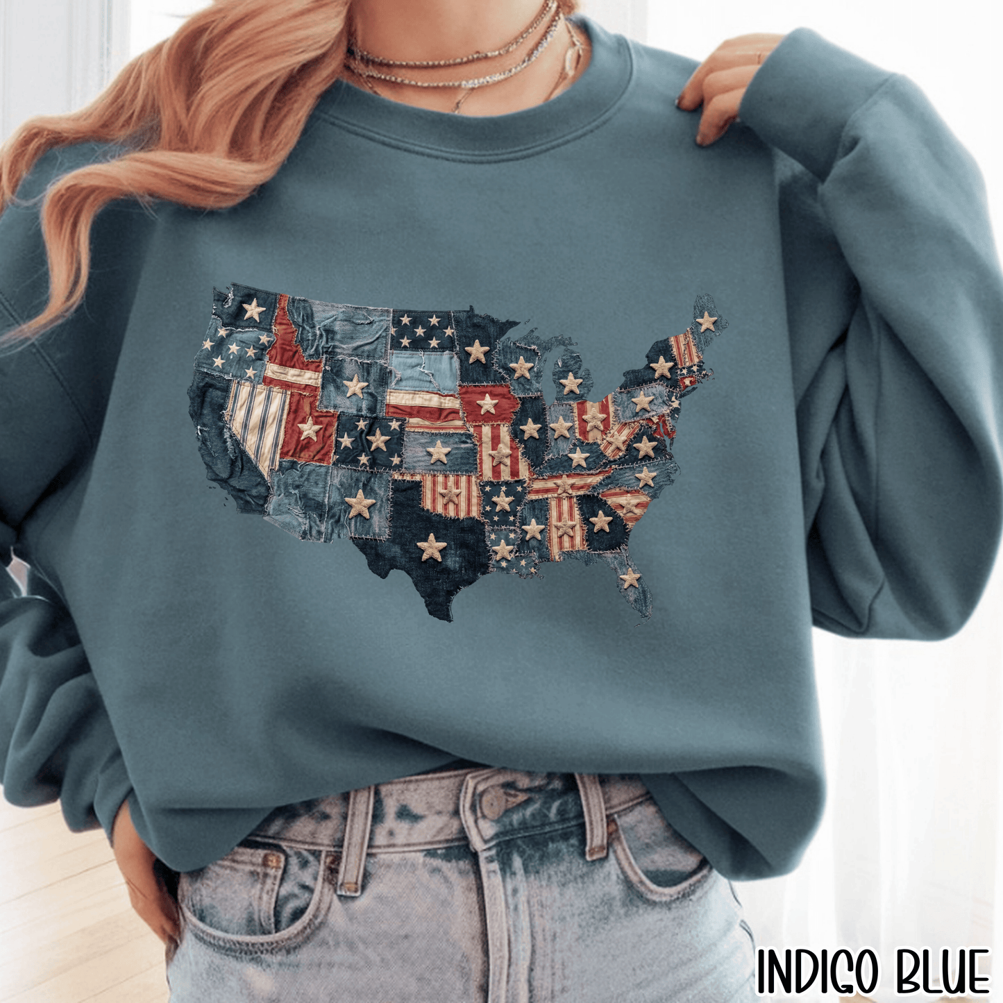 Patchwork American Flag Sweatshirt • USA Denim Map Crewneck • Patriotic Vintage Stars Graphic