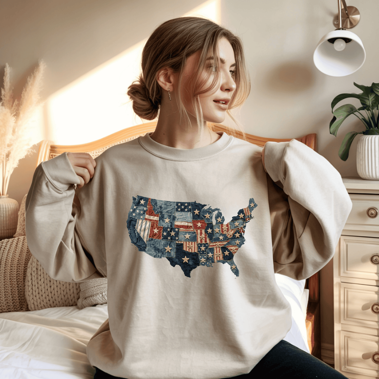 Patchwork American Flag Sweatshirt • USA Denim Map Crewneck • Patriotic Vintage Stars Graphic