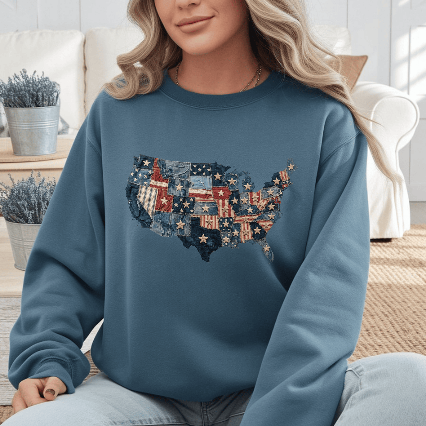 Patchwork American Flag Sweatshirt • USA Denim Map Crewneck • Patriotic Vintage Stars Graphic