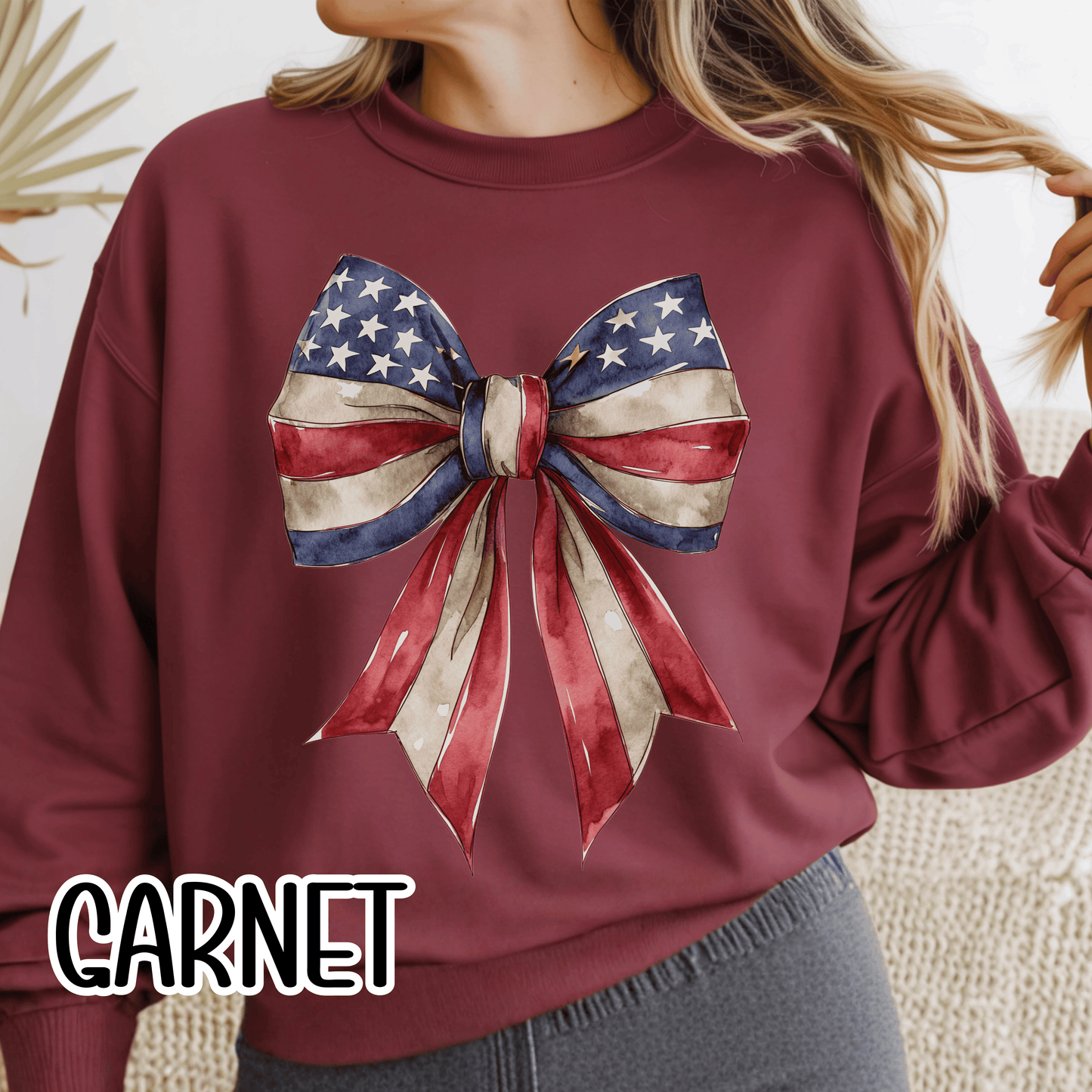 Red White Blue Coquette Bow Sweatshirt • 4th of July Crewneck • American Flag Design