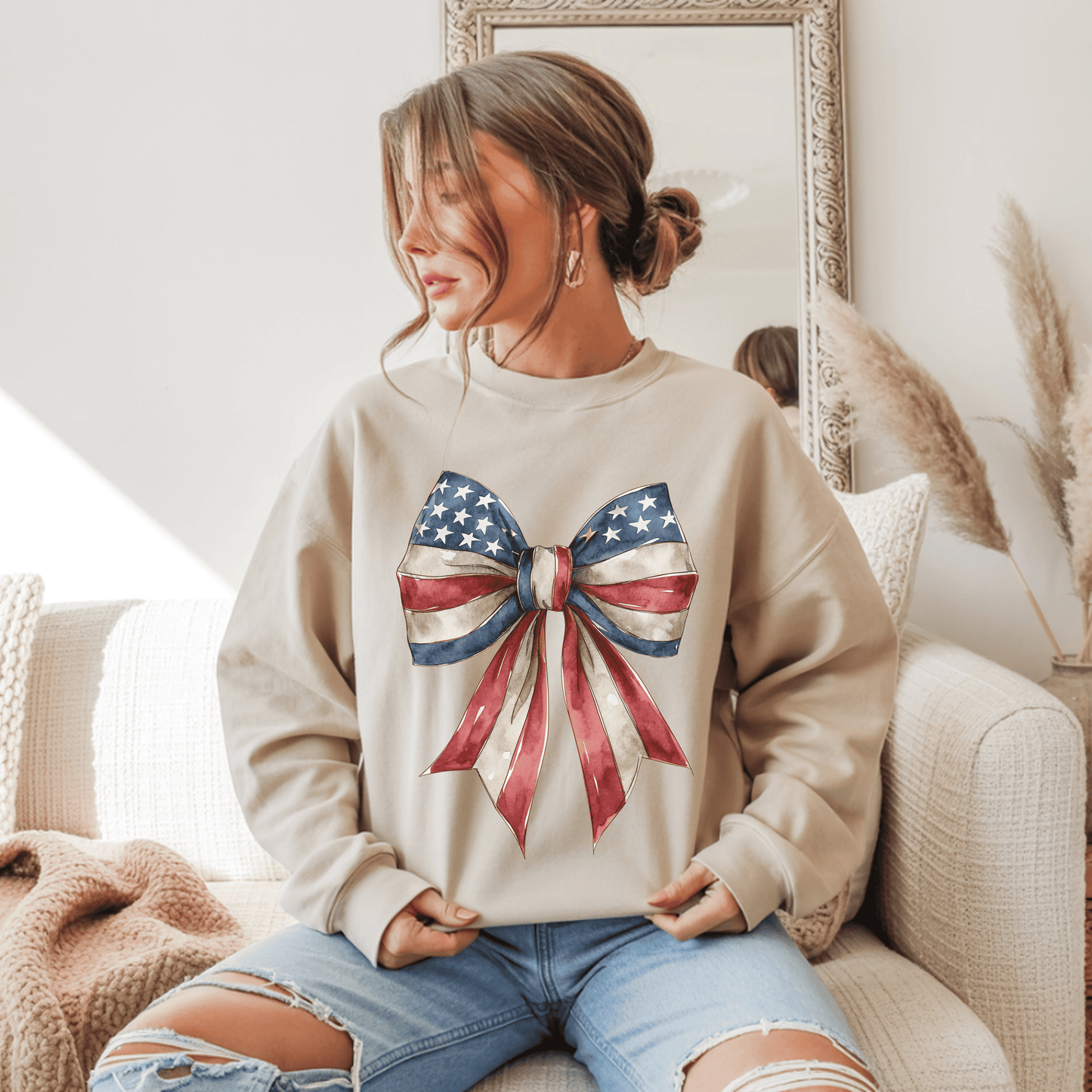 Red White Blue Coquette Bow Sweatshirt • 4th of July Crewneck • American Flag Design