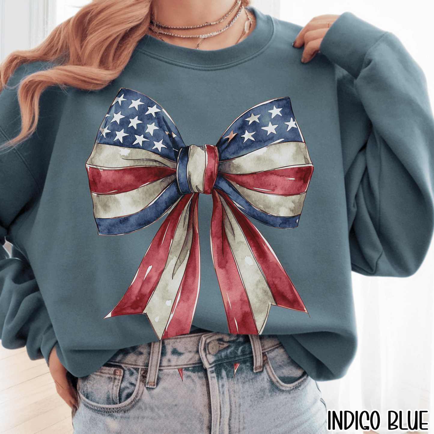 Red White Blue Coquette Bow Sweatshirt • 4th of July Crewneck • American Flag Design