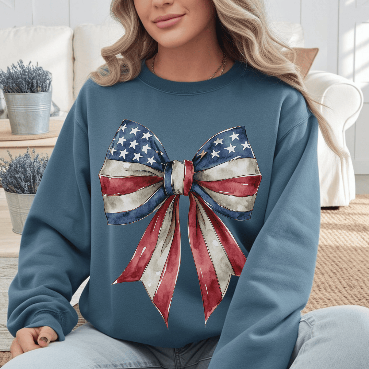 Red White Blue Coquette Bow Sweatshirt • 4th of July Crewneck • American Flag Design