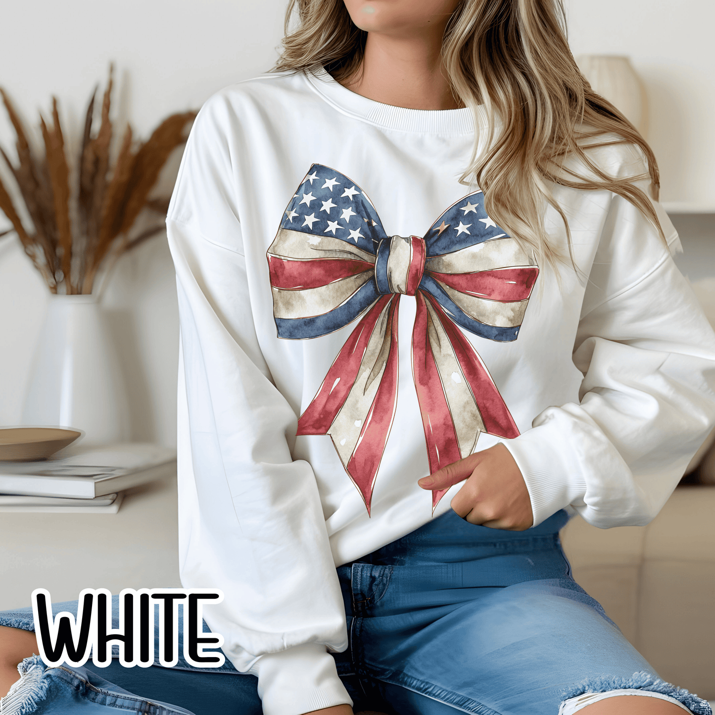 Red White Blue Coquette Bow Sweatshirt • 4th of July Crewneck • American Flag Design