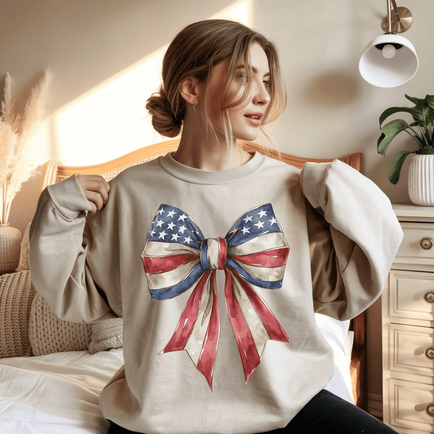 Red White Blue Coquette Bow Sweatshirt • 4th of July Crewneck • American Flag Design