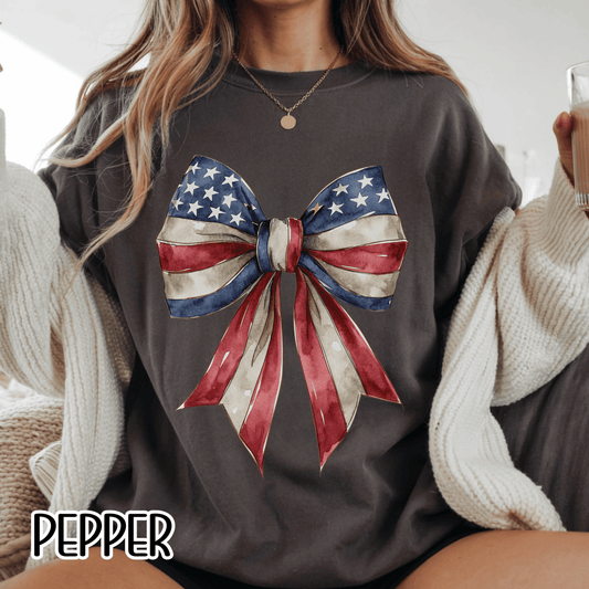 Red White Blue Coquette Bow T-Shirt • 4th of July Tee • American Flag Design Shirt