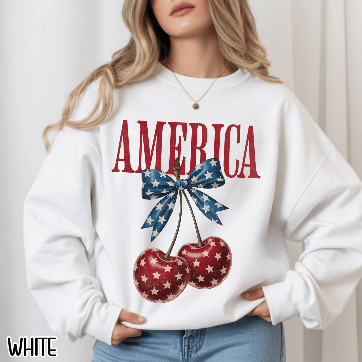 America Cherry Bow Sweatshirt • 4th of July Coquette Crewneck • Red White Blue Graphic shirt