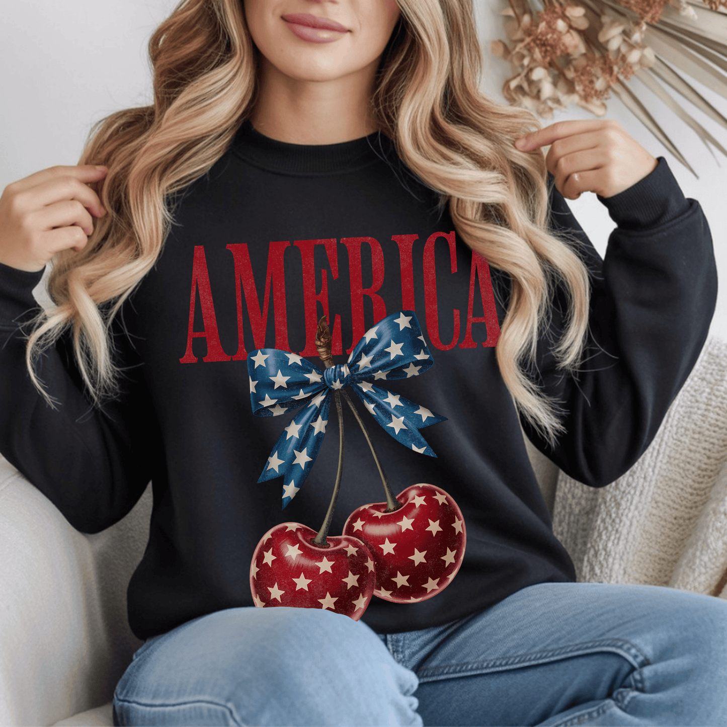 America Cherry Bow Sweatshirt • 4th of July Coquette Crewneck • Red White Blue Graphic shirt