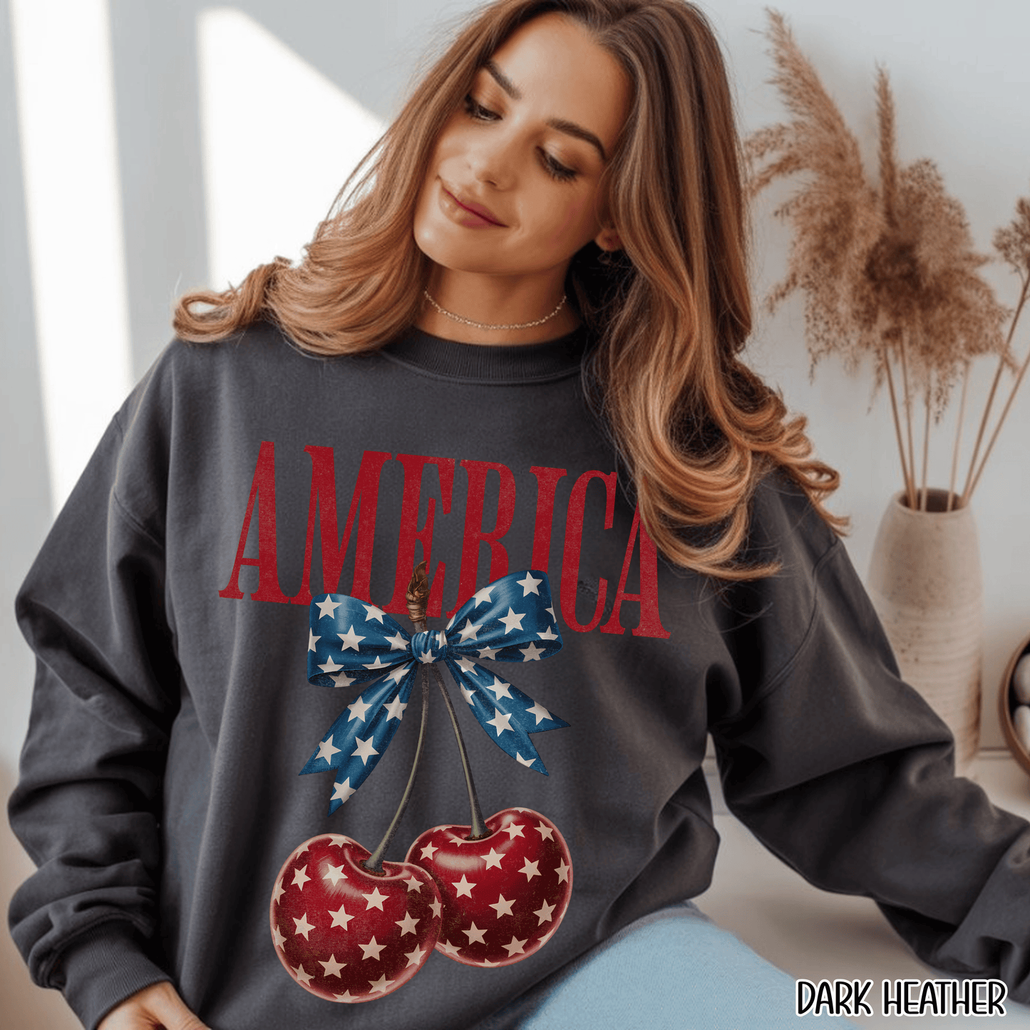 America Cherry Bow Sweatshirt • 4th of July Coquette Crewneck • Red White Blue Graphic shirt