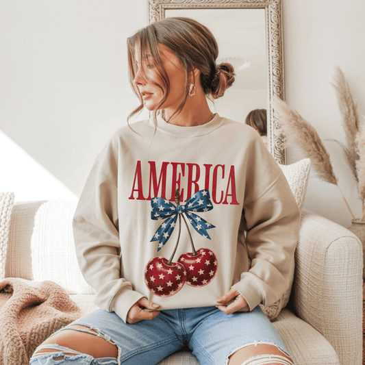 America Cherry Bow Sweatshirt • 4th of July Coquette Crewneck • Red White Blue Graphic shirt